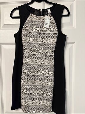 H&M Black and Cream Patterned Panel Mini Dress